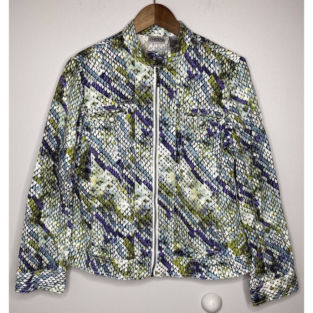 Chicos's Women Jacket ZIp Snake Print Green Purple Blue Size 1 Medium